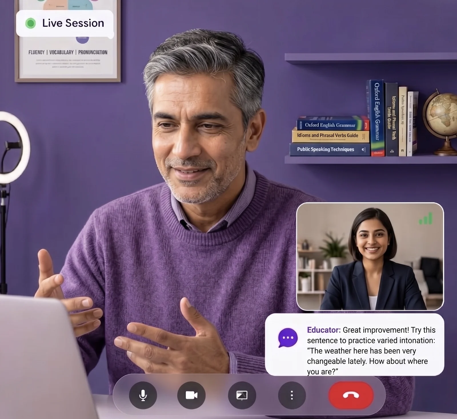 A live 1:1 spoken-English coaching session — the coach on a video call with a learner, English reference books on the shelf